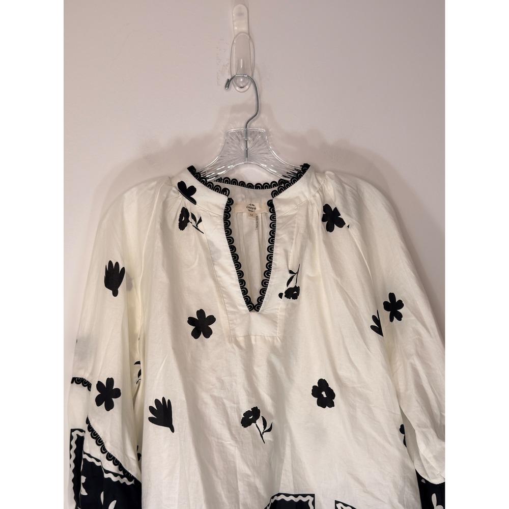 Entro Blouse Black White Floral V-Neck Boho Bohemian Long Sleeve Classy‎ Medium - Picture 4 of 15